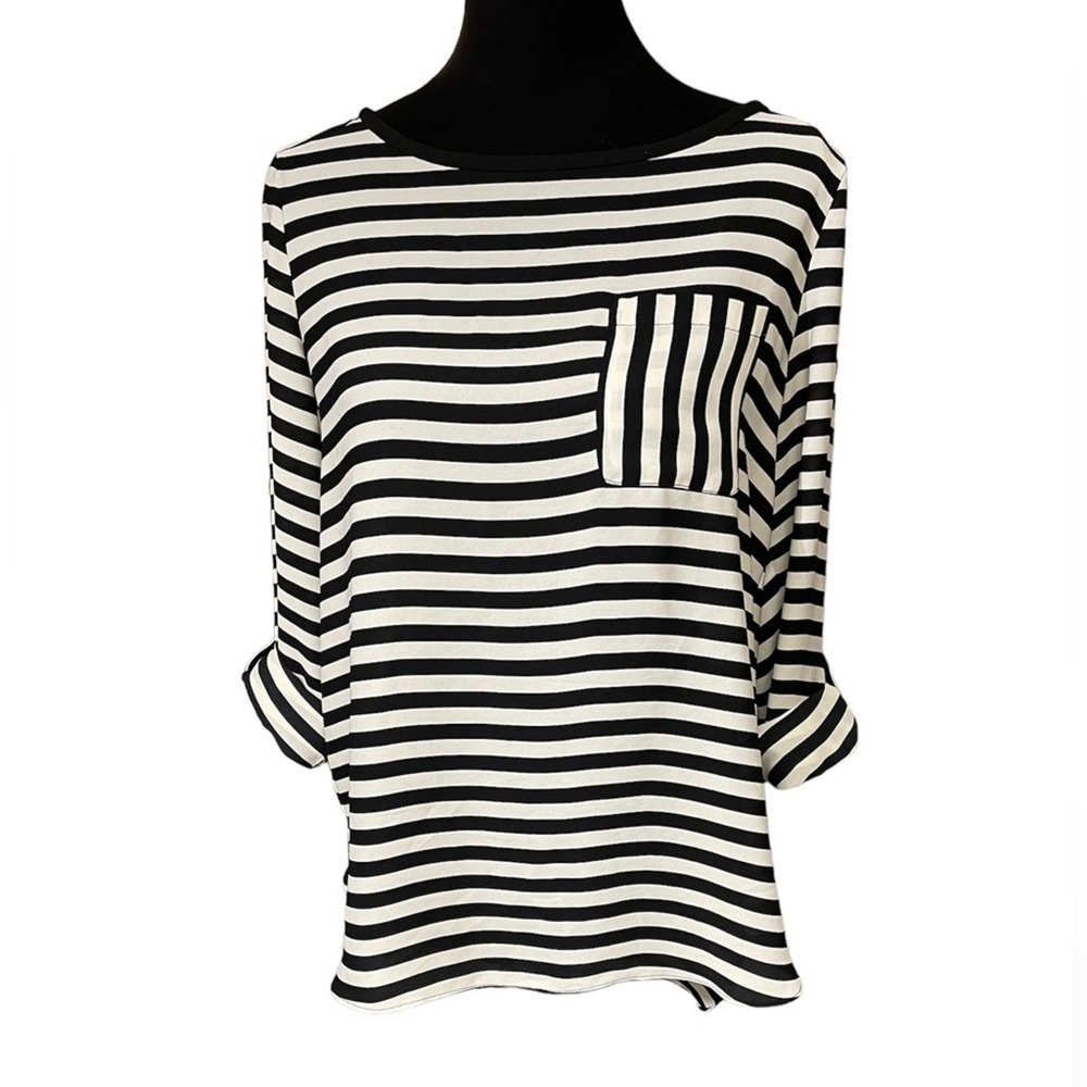 LOFT Black & White Bold Stripe Pocket Blouse, Size Small, Contemporary, Corpcore